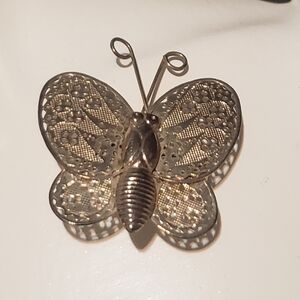 Vintage Butterfly Brooch, Filigree Silver Tone Pin